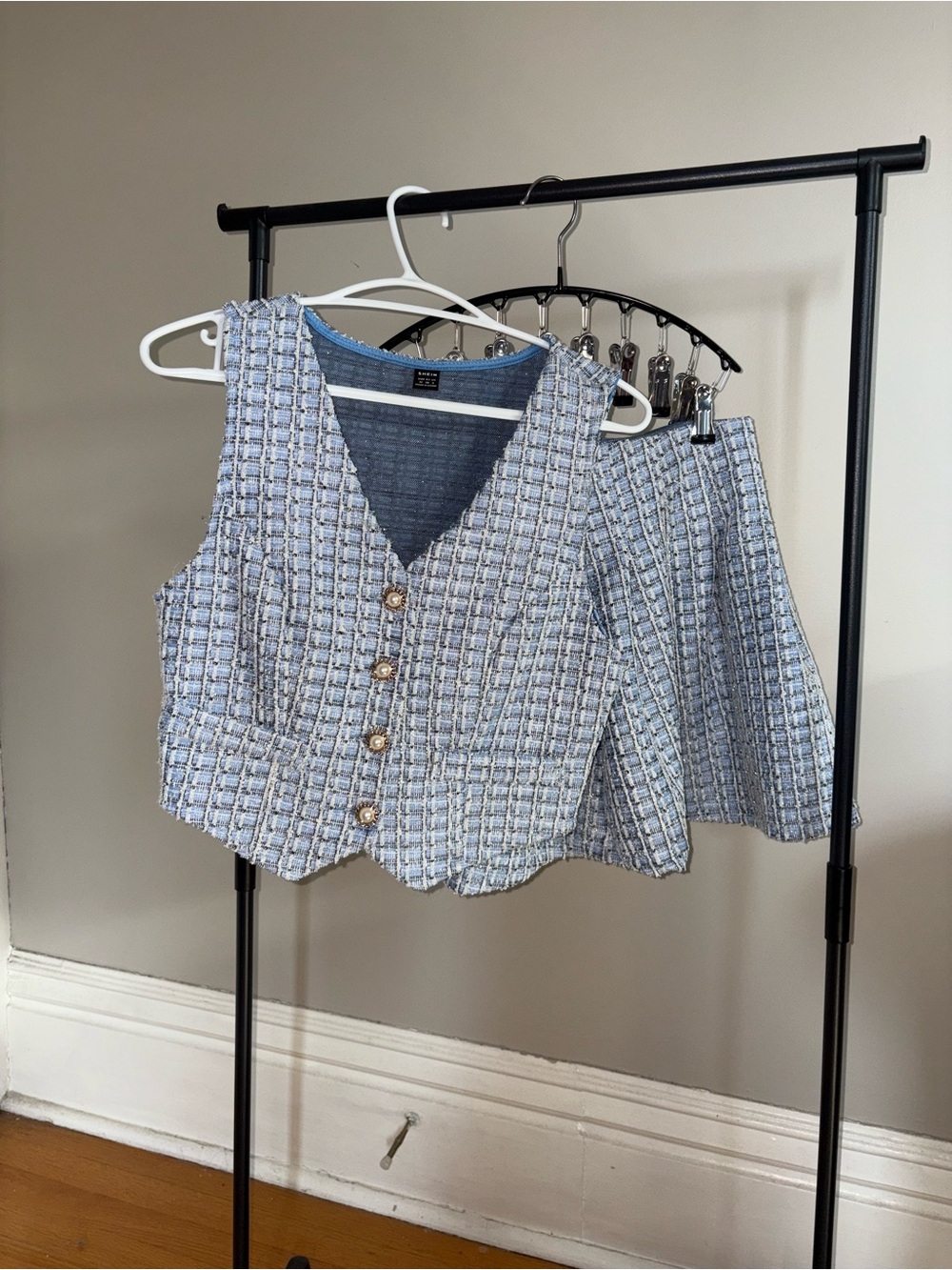 SHEIN Light Blue Tweed Mini Skirt & Vest Set